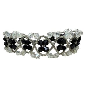 Glass Faceted Beaded Bracelet Black White Crystal Silver Tone Magnetic Clasp 7.5